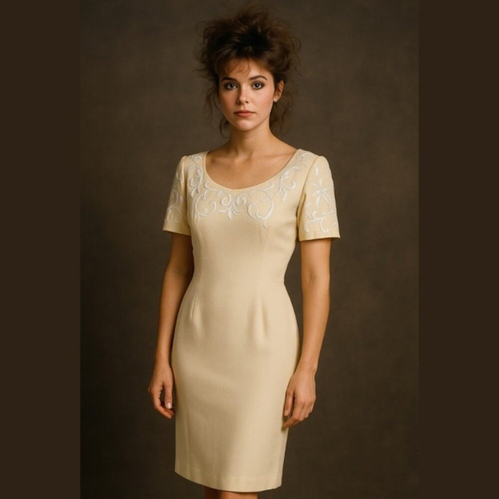 80s Pastel Yellow Mini Dress Embroidered Short Sleeve Scoop Neckline Fitted